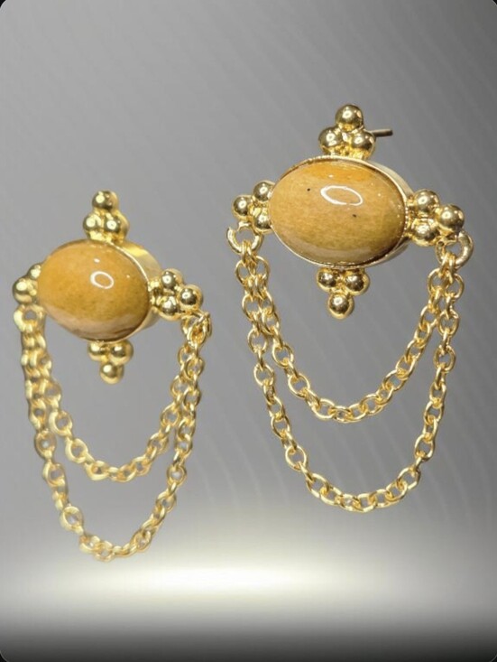 18k Gold Plated Artisan Byzantine  Honey Adventurine Drapey Chain Earrings